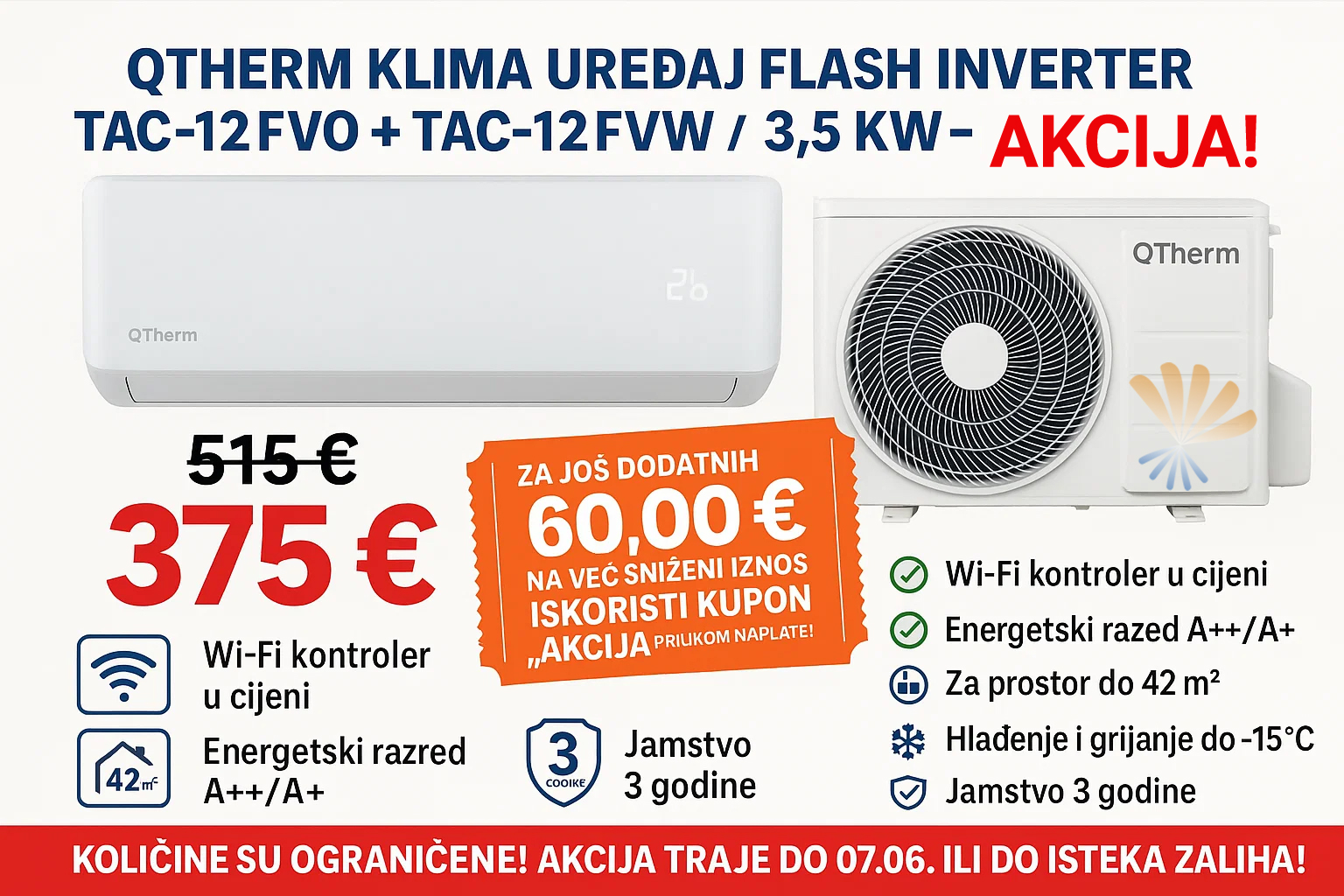 QTHERM klima uređaj Flash Inverter TAC-12FVO + TAC-12FVW / 3,5 kW akcija